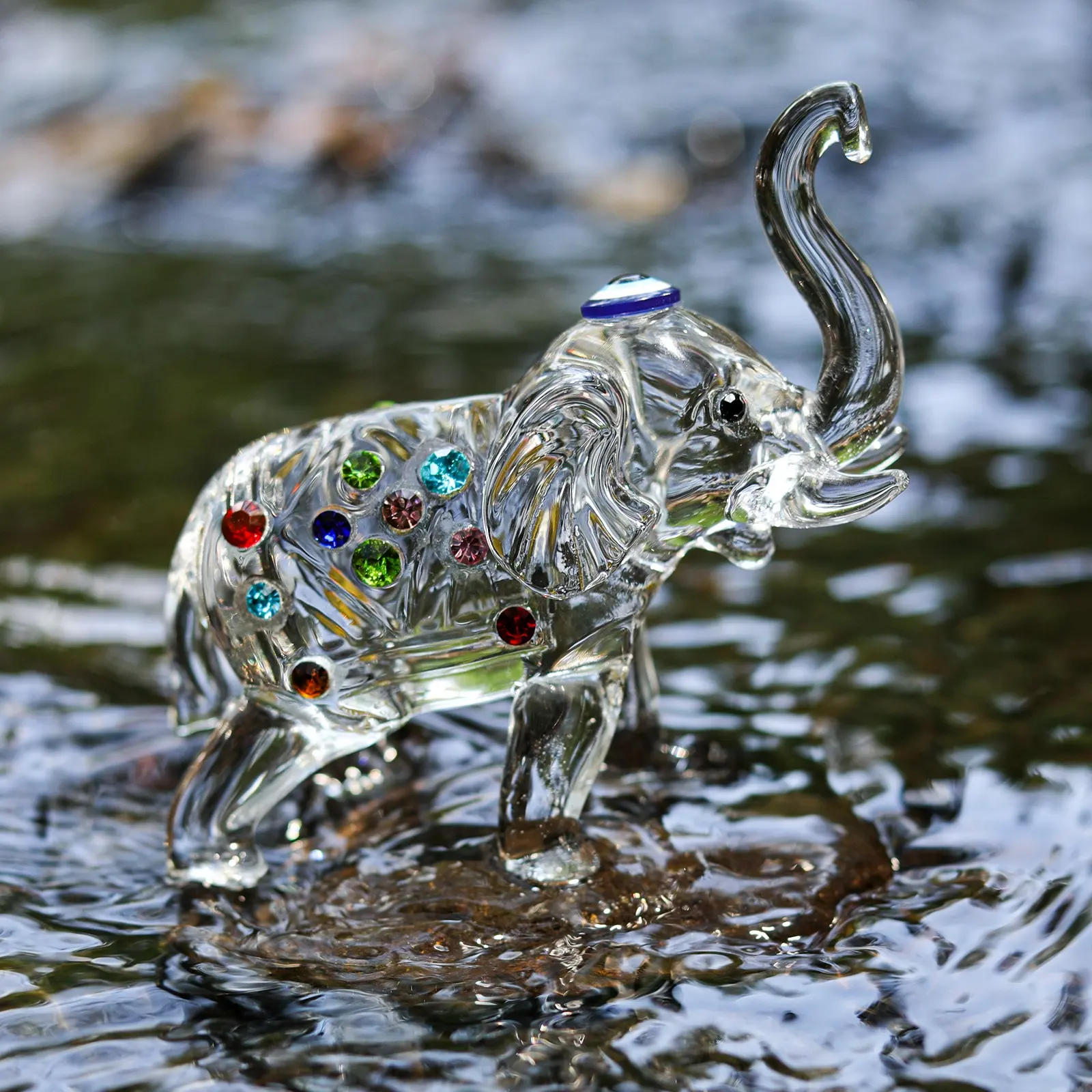 Crystal Elephant Statu Glass Elephant Figurines with Trunk Up Art Glass Animal Sculpture