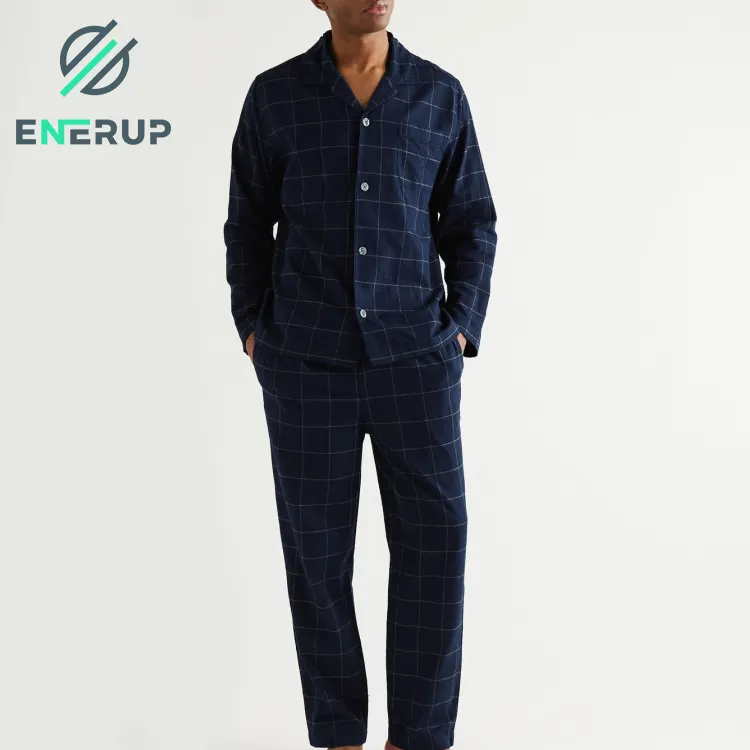 Enerup OEM/ODM Pima Cotton Fabric Warm Nightgrown Long Sleeve Breathable Plaid Sleepwear Pajamas For Men