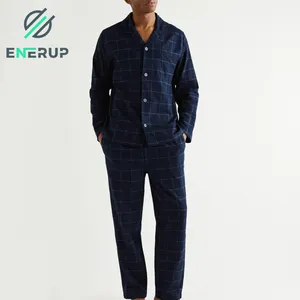 Enerup OEM/ODM Pima Tessuto di Cotone Caldo Nightgrown Manica Lunga Traspirante Plaid Degli Indumenti Da Notte Pigiama Per Gli Uomini