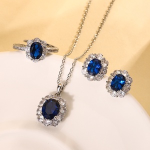 Parure de bijoux multicolore en zircon bleu 3 pièces : bague, boucles d'oreilles, collier pour femme, fiançailles, mariage, en laiton rhodié, cadeau - Product Image 1