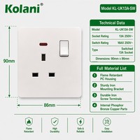 Prise murale britannique Kolani OEM ODM standard UK 13A à 1 interrupteur avec voyant néon, prise murale 3 broches 13A en PC ignifuge