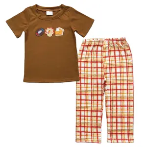 Pakaian anak perempuan bordir pakaian Turki oranye Thanksgiving set pakaian anak perempuan RTS grosir baju anak-anak bayi
