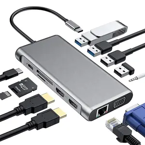 Adaptor USB Tipe C Hub 11 in 1 Docking 4K MD 1080P VGA Rj45 Gigabit Tipe C ke Ethernet Aluminium SD TF 11 in 1 USB C Hub