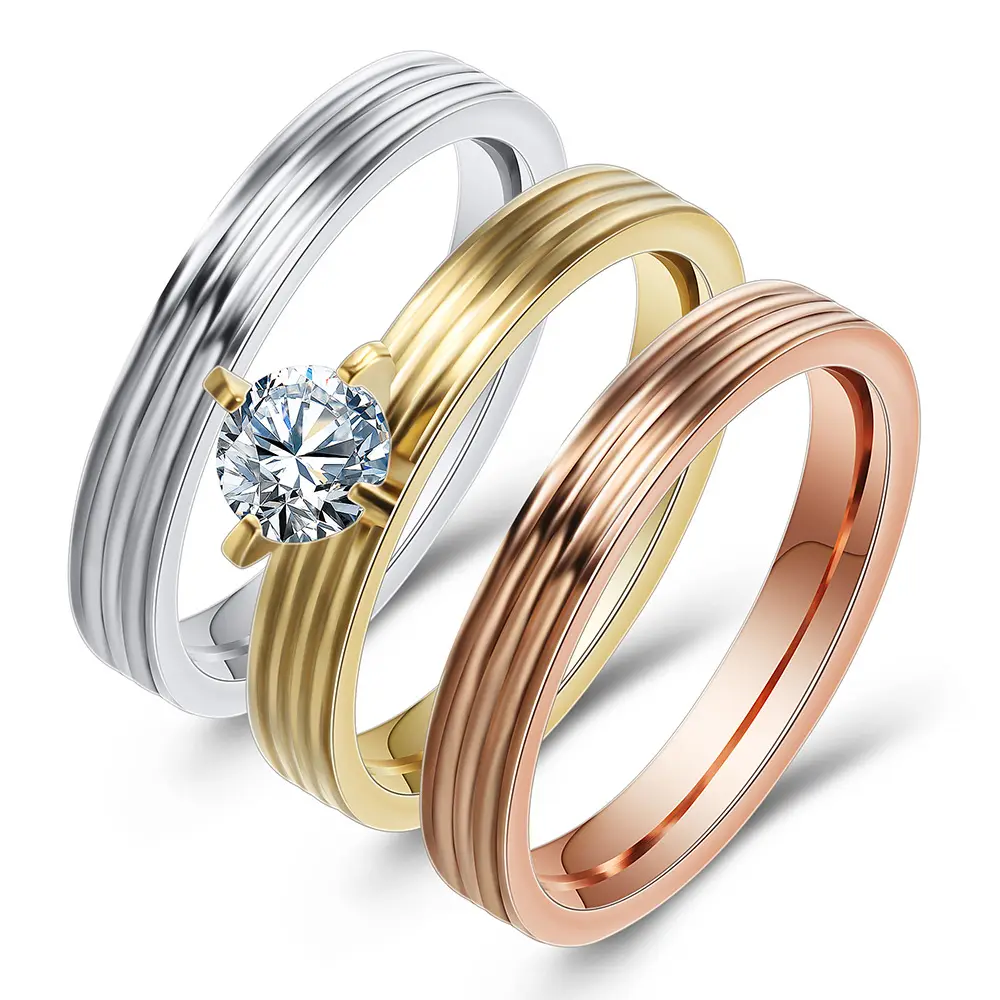 Cincin baja tahan karat berlapis emas/emas/perak, cincin perhiasan 3 dalam 1, cincin pernikahan zirkonia kubik untuk wanita