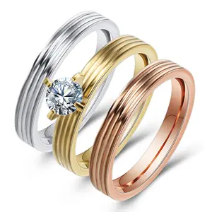 玫瑰金/金/银镀不锈钢戒指套装3合1戒指珠宝立方氧化锆女性结婚戒指