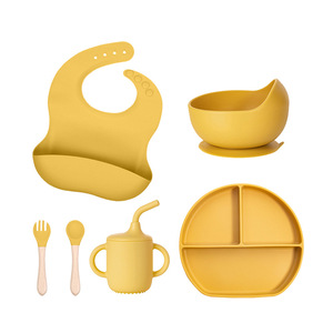 Ensemble d'alimentation classique en silicone pour bébé pour la diversification alimentaire - Bols à <span class=keywords><strong>ventouse</strong></span> réutilisables, assiettes compartimentées, bavoir réglable, cuillères, fourchettes, tasse - Product Image 3