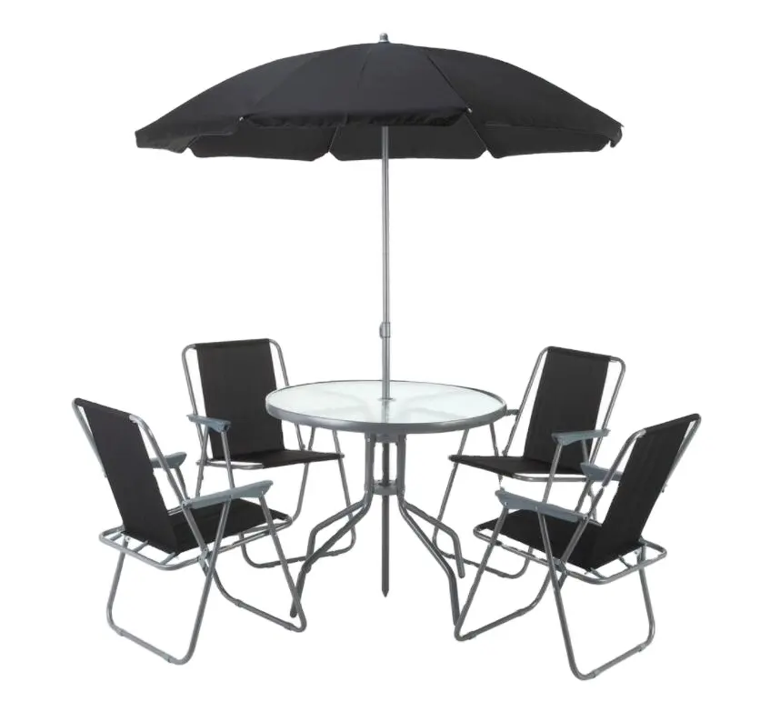 steel iron polyester fabric beach camping 6pcs folding chair table umbrella set garden patio outdoor furniture