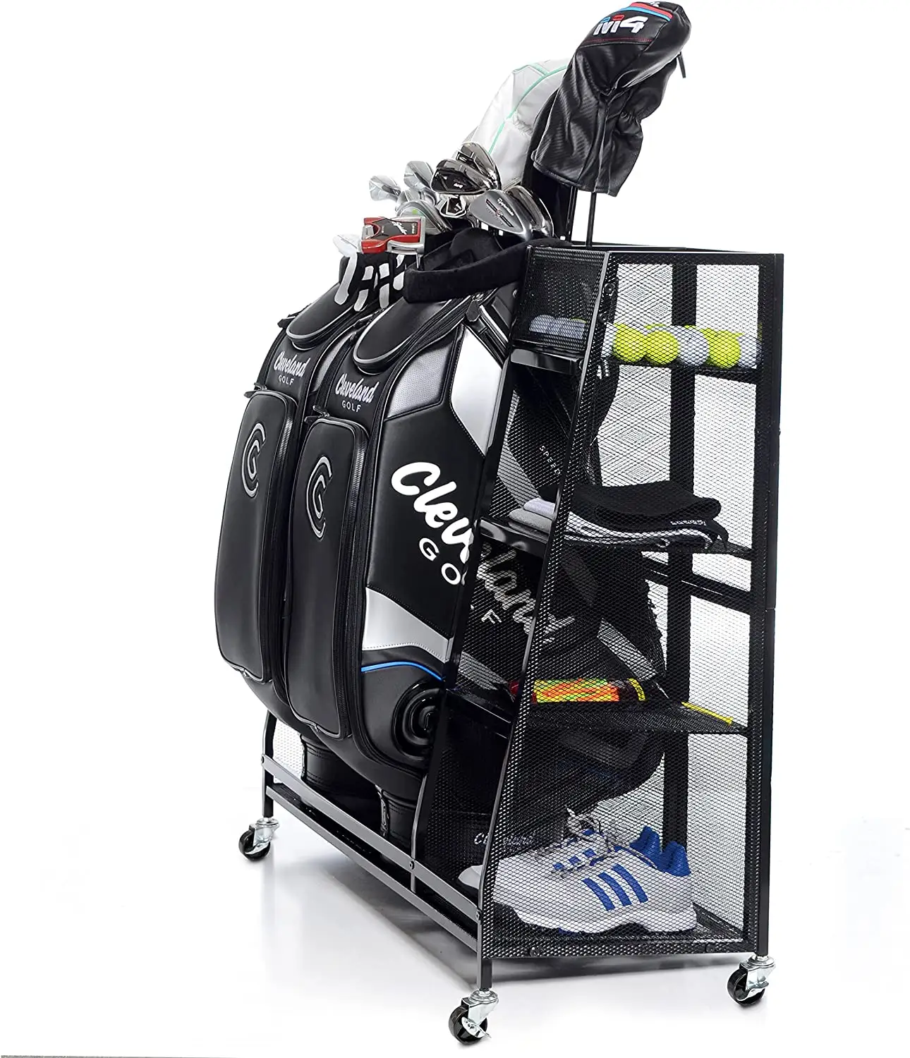 JH-Mech Golf Rack con 3 ripiani aperti ruota di massima durata per attrezzature da Golf e accessori Rack di stoccaggio per sacca da Golf in metallo