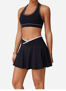 高品质拉绒性感挂脖高尔夫裙套装拼色V腰女式健身运动网球服带短裤 - Product Image 3