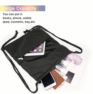 Custom Fashion Sports Women Men Drawstring <b>Backpack</b> With Zipper Pocket Waterproof <b>Black</b> Polyester Sack Pack - Product Image 4