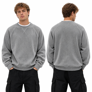 Heavyweight Corduroy Sweatshirt <strong>Men</strong> Ribbed Knit Texture Crewneck Pullover Vintage <strong>V</strong> Notch Raglan Sleeve Loose Casual Streetwear - Product Image 2