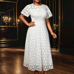 Vestidos Casuales de Verano AM050348 con Mangas Abullonadas, <span class=keywords><strong>L</strong></span>ínea <span class=keywords><strong>A</strong></span>, Talla Grande, Maxi, Encaje Blanco para Mujer - Product Image 2