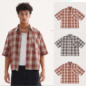 High Quality Cotton Boxy Cropped Short Sleeve Plaid <strong>Shirt</strong> Casual Fashion Cropped <strong>Check</strong> Button up <strong>Shirt</strong> for Men - Product Image 1