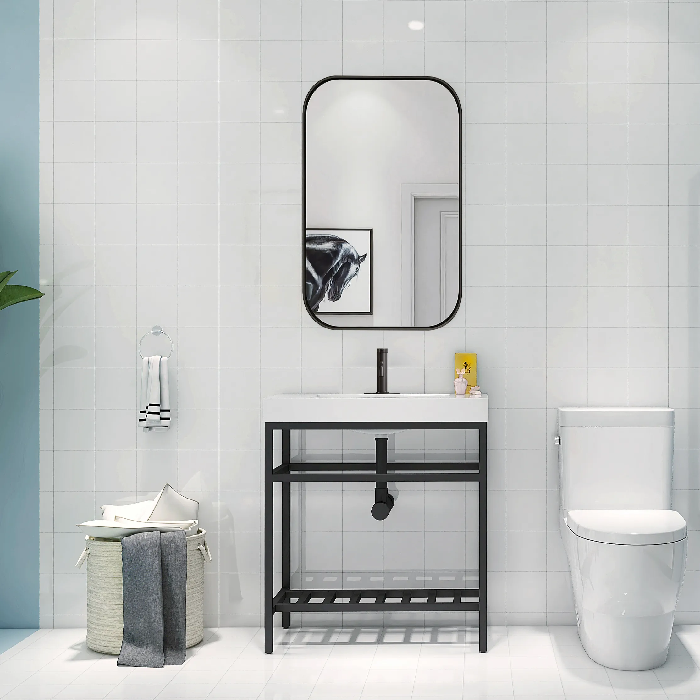 Meuble-lavabo de salle de bain 30 ''en résine inoxydable de couleur noire, lavabo autoportant avec miroir