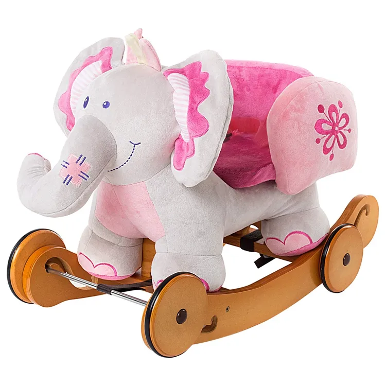 Hot Sale Stuffed Rocker Toy Pink Rocking Animal Elephant Riding Wooden Base Plush Rocking Horse With Wheel