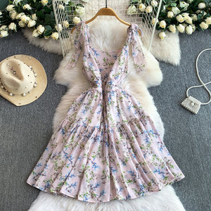 Nouvelle Robe Midi Décontractée d'Été 2026 pour Femme, Coupe Trapèze, Taille Empire, Col Carré, Tissée, Lavable, Sans Manches, Imprimé Floral - Product Image 2