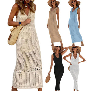 Robe longue maxi décontractée en crochet sans manches pour femme, couleur unie, col en V, ample, pour les vacances d'été à la plage - Product Image 6