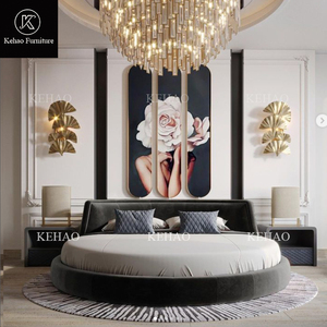 Juego de Muebles de Dormitorio Modernos en Oferta, Camas Circulares de Tela Azul para Adultos, Cama Redonda Doble de Lujo de Terciopelo Tamaño King para Hotel - Product Image 3