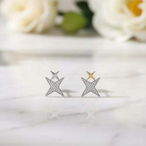 Boucles d'oreilles étoile en or blanc E1524 avec micro-incrustations de strass en cristal, bijoux de mode unisexes - Product Image 2