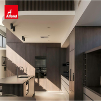 Armoires de cuisine Alland bicolores sans poignées en laque blanche et placage de noyer avec îlot central incurvé à façade cannelée pour constructeur de villas