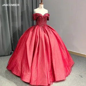 Red Queen Style Off The Shoulder Sparkle Ball Gown Wedding Dress Beadings Glitter Tulle Evening Dress 9830-2