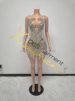 Kain Polyester Sutra Cetak Sablon MF Mesh Transparan Dia Ballroom Stage Dancerwear Biru Rumbai Berlian Imitasi Kristal Seksi