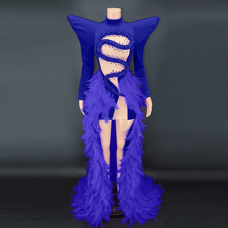 Gzrose Amazon Top Seller 2023 New Arrival Crystal Feather Luxury Clothing Dress Club Party Royal Blue Cocktail Dress