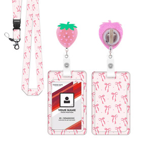 Cross-border strawberry rotating crocodile <b>clip</b> with bow, detachable cruise ship lanyard with logo card holder, double-sided UV - Product Image 1
