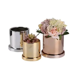 New Arrival Ceramic Planter Pot Electroplate Shiny Gold Silver Rose Gold Pots Flower Pot with Drainage for Indoor Outdoor Garden