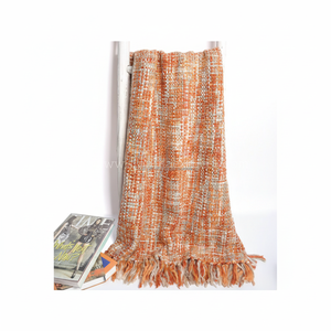 Manta de algodón artesanal tejida a mano, manta naranja oxidada con tejido y borde de borla, perfecta para decoración de sofá cama - Product Image 1