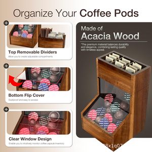 Caja de almacenamiento de café de madera, caja de cápsulas de café de madera de acacia, organizador de bolsitas de té para escritorio. - Product Image 4