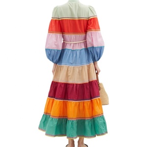 Abito lungo a strisce colorate con cintura in corda e bottoni frontali, casual da donna, a maniche lunghe - Product Image 2