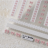 Autocollants pour ongles en dentelle rose en relief 5D, série nœuds papillon, rubans blancs, autocollants pour ongles kawaii
