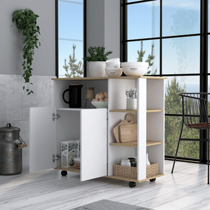 DB Depot-Carrito de cocina de diseño moderno, roble claro/blanco, con cuatro Estantes abiertos, armario de doble puerta, cuatro ruedas, de diseño moderno de St. Thomas - Product Image 2