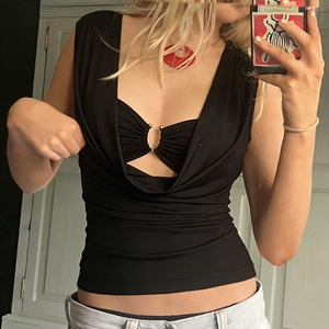 Dark Gothic Style Cowl Neck Tube <b>Top</b> Two-Piece Set Women High Quality Metal Buckle V-Neck Sexy Cutout Summer Knitted T-Shirt - Product Image 2