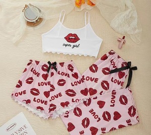 Ensemble de pyjama trois pièces pour femmes, respirant, en polyester imprimé, sans manches, taille élastique, <span class=keywords><strong>pantalon</strong></span> long décontracté d'été - Product Image 5