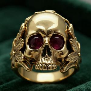 Golden Skull <b>Ring</b> With <b>Ruby</b> Eyes Bezel Setting Punk Jewelry <b>For</b> Halloween <b>Men</b> Women - Product Image 2