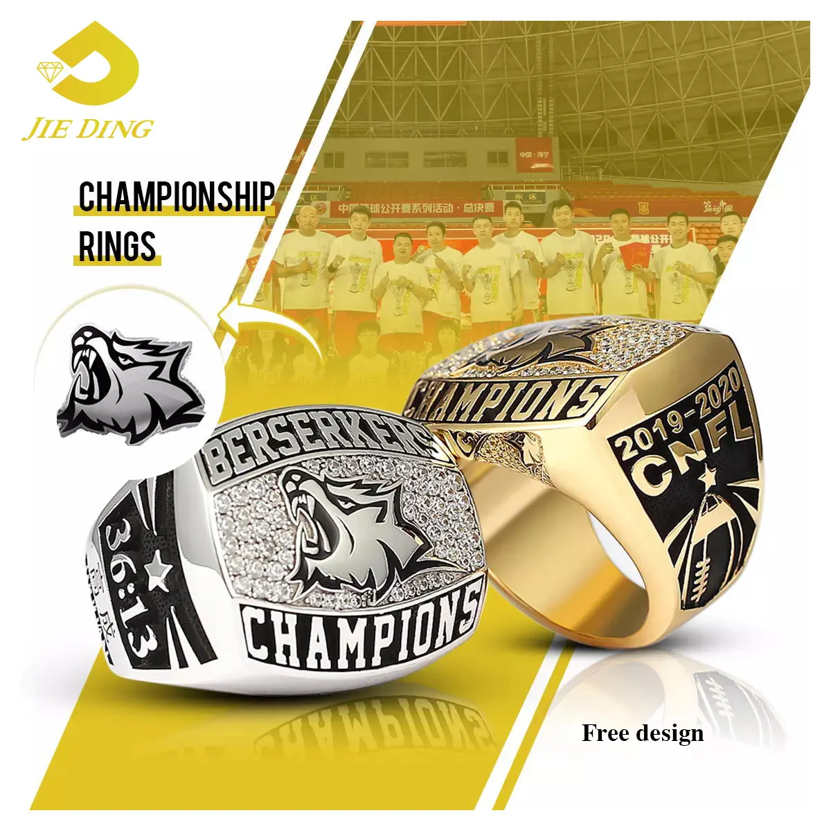 Customize High Quality Sports championship Rings with team logo wholesale 925 sterling silver gold plated Free design