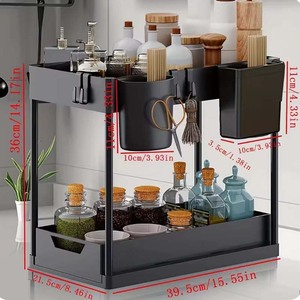 Organisateur sous évier à <span class=keywords><strong>2</strong></span> niveaux, panier coulissant pour armoire, étagère de rangement avec crochets, support suspendu pour tasses, organisateur de salle de bain et de cuisine - Product Image 2