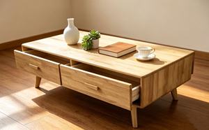 Minimalist Nordic Solid Oak Coffee <b>Table</b> with 2 Storage <b>Drawers</b> for Living Room - Product Image 4