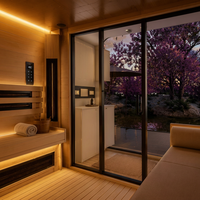 Capsule spatiale mobile de luxe illuminée, maison de villégiature extérieure avec SPA et sauna à eau chaude, séjour panoramique en verre