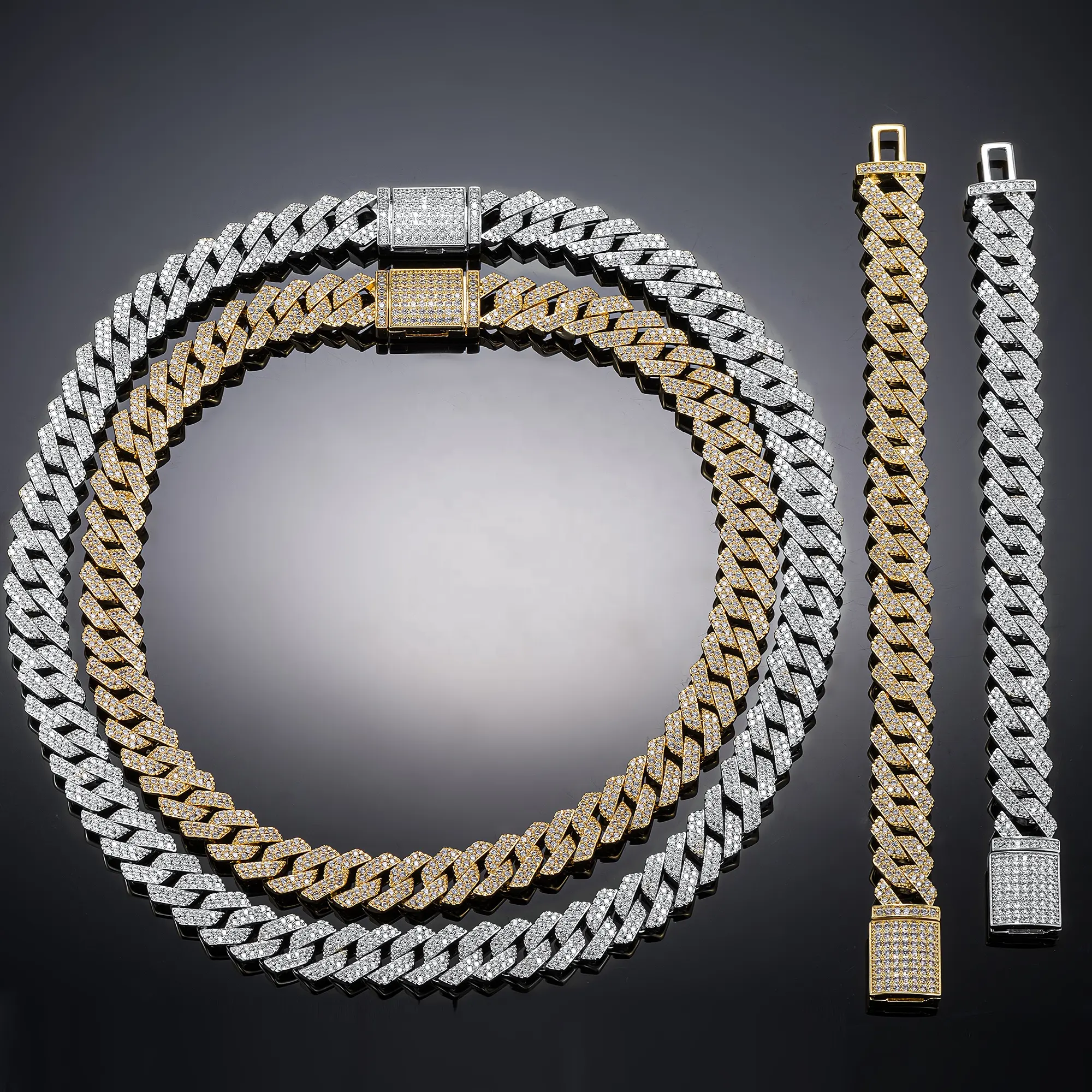 Men Hip Hop Jewelry 14mm Necklaces Iced Out Cz Prong Cuban Link Chain Bracelet Necklace Cuban Chain