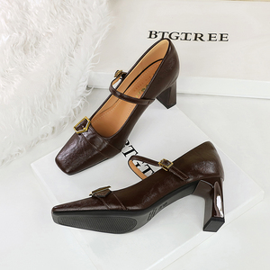 8293-1 <span class=keywords><strong>Scarpe</strong></span> da Donna Stile Europeo e Americano con Tacco Alto Punta Quadrata Tacco Spesso Basso Profilo Tacco Sottile Fibbia in Metallo - Product Image 4