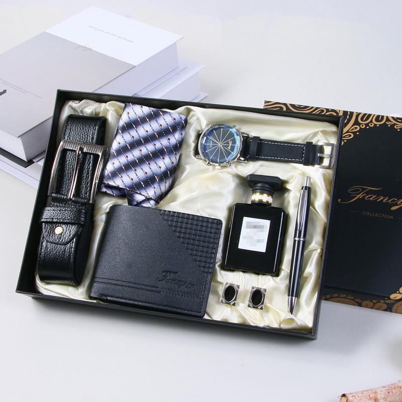 Ensemble 9 pièces - noir - montre, ceinture, portefeuille, cravate, boutons de manchette, 2 stylos parfum.