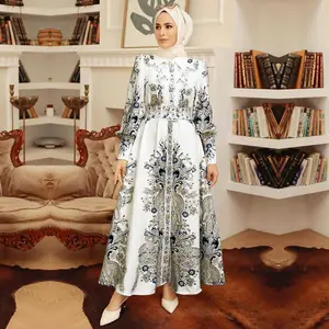 2024 Fashion Vintage Print Womens Dress Abaya Dubai Turkey Dresses Modest Muslim Women Dress