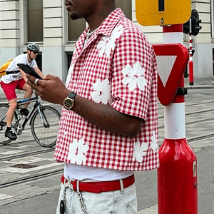 Camicia da uomo personalizzata con stampa floreale e fantasia scozzese, stile streetwear, vestibilità ampia, in cotone pesante, vintage <span class=keywords><strong>a</strong></span> quadri - Product Image 2
