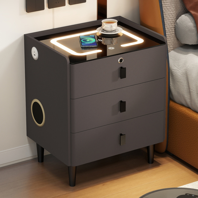 Modern Black Wood Smart Bedside Table, Wireless Charging & Fingerprint Unlock, LED Light, Large Storage Bedroom Hotel Nightstand