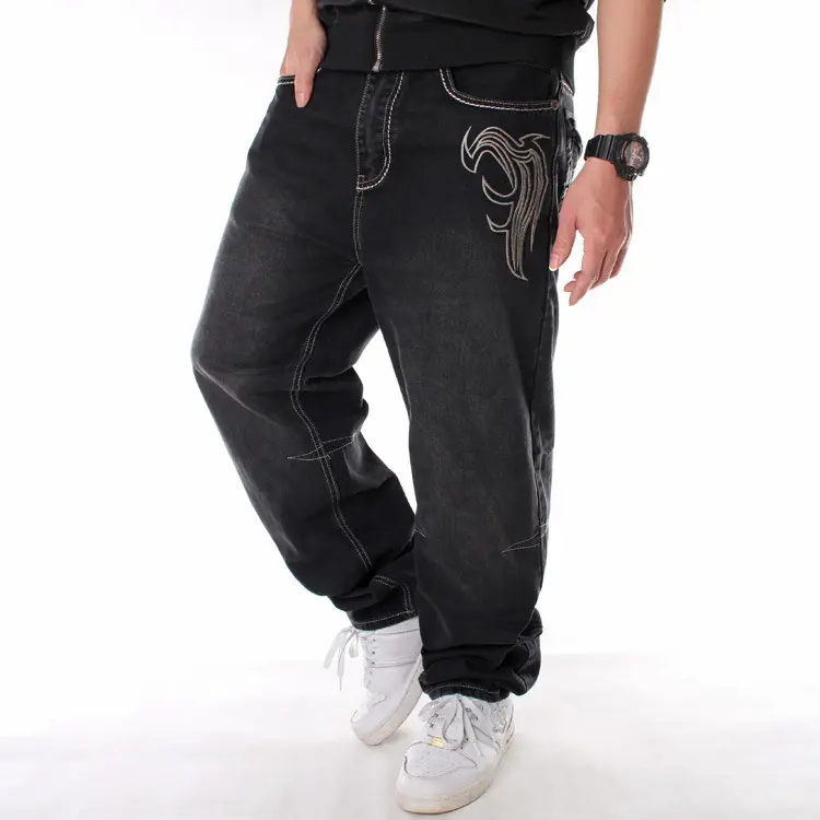 Kualitas Tinggi Kustom Peregangan Baggy Jeans Pria Digunakan Hip Hop Katun Hitam Berpola Denim Longgar Celana Dicuci