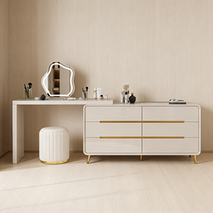Table de toilette extensible de luxe moderne avec miroir LED, <span class=keywords><strong>commode</strong></span> à <span class=keywords><strong>6</strong></span> <span class=keywords><strong>tiroirs</strong></span> et tabouret pour chambre à coucher - Product Image 1