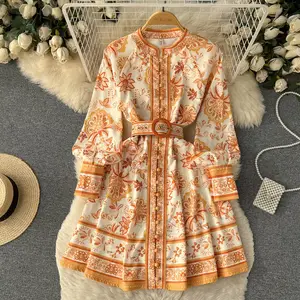 봄과 가을 ANSZKTN 유럽과 미국 ANSZKTN ANSZKTN 성격 인쇄 싱글 버클 A-라인 프렌치 드레스